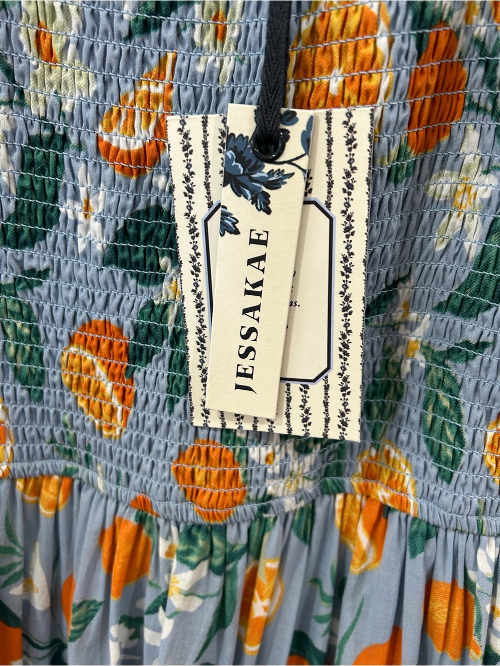 Jessakae Clementine smocked midi Dress M blue citrus orange cotton tiered NWT - Picture 6 of 12